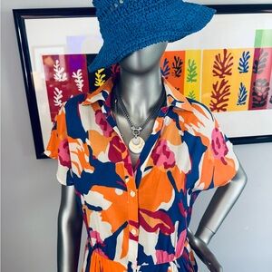 French - Floral Button-Up Dress in Bright Blue, Orange & Off White - Fully Lined